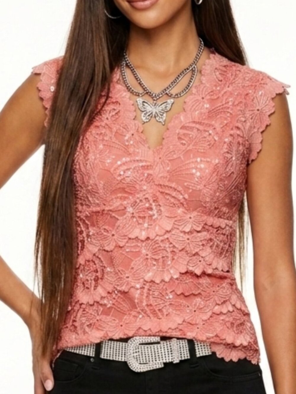 Vintage Le Chateau Y2K Sequin Lace Top Coral Pink Fairy Going Out Party V-Neck S